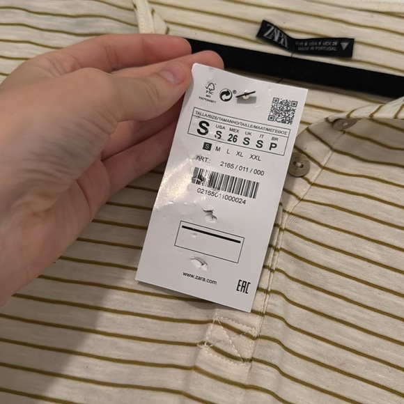 NWT Zara cotton top shirt buttons striped cream and greenish brown - Picture 2 of 4